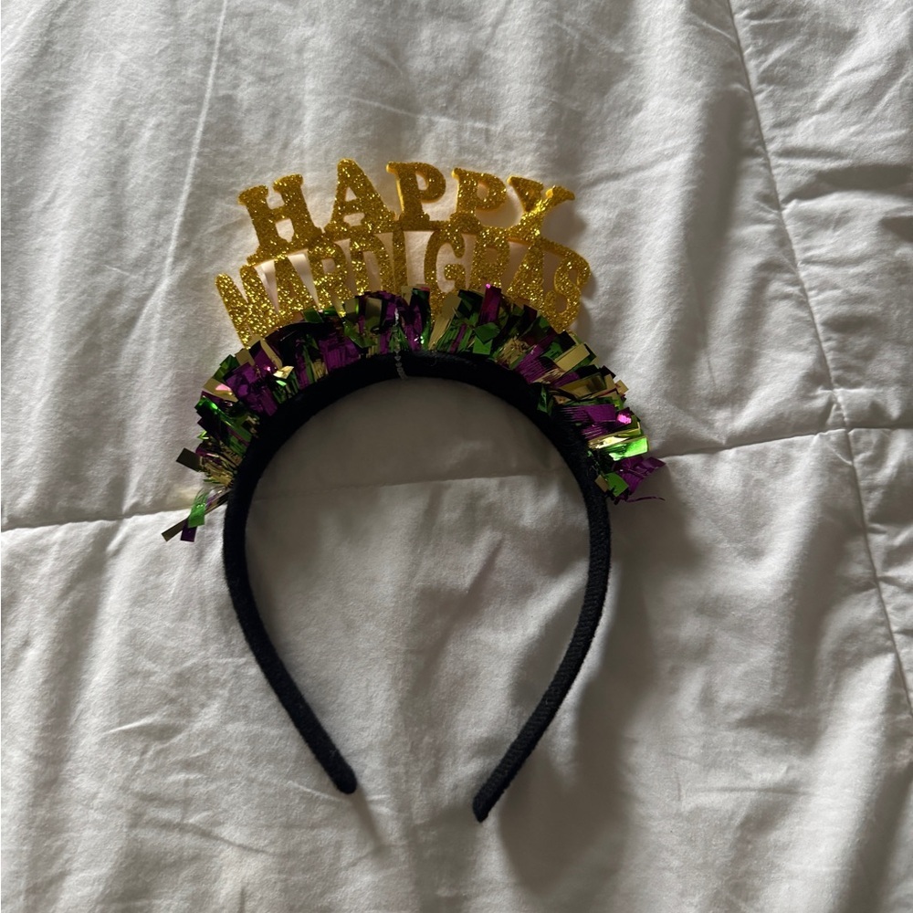 Happy Mardi Gras Glitter Crown Headband Gold Purple Green Tinsel